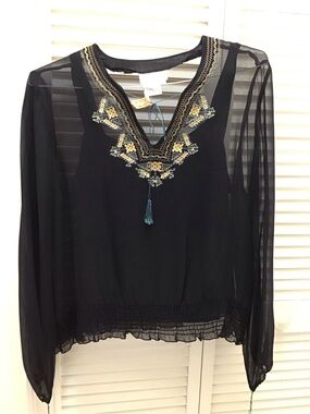 Black Sheer V-Neck Blouse with Gold & Teal Embroidery